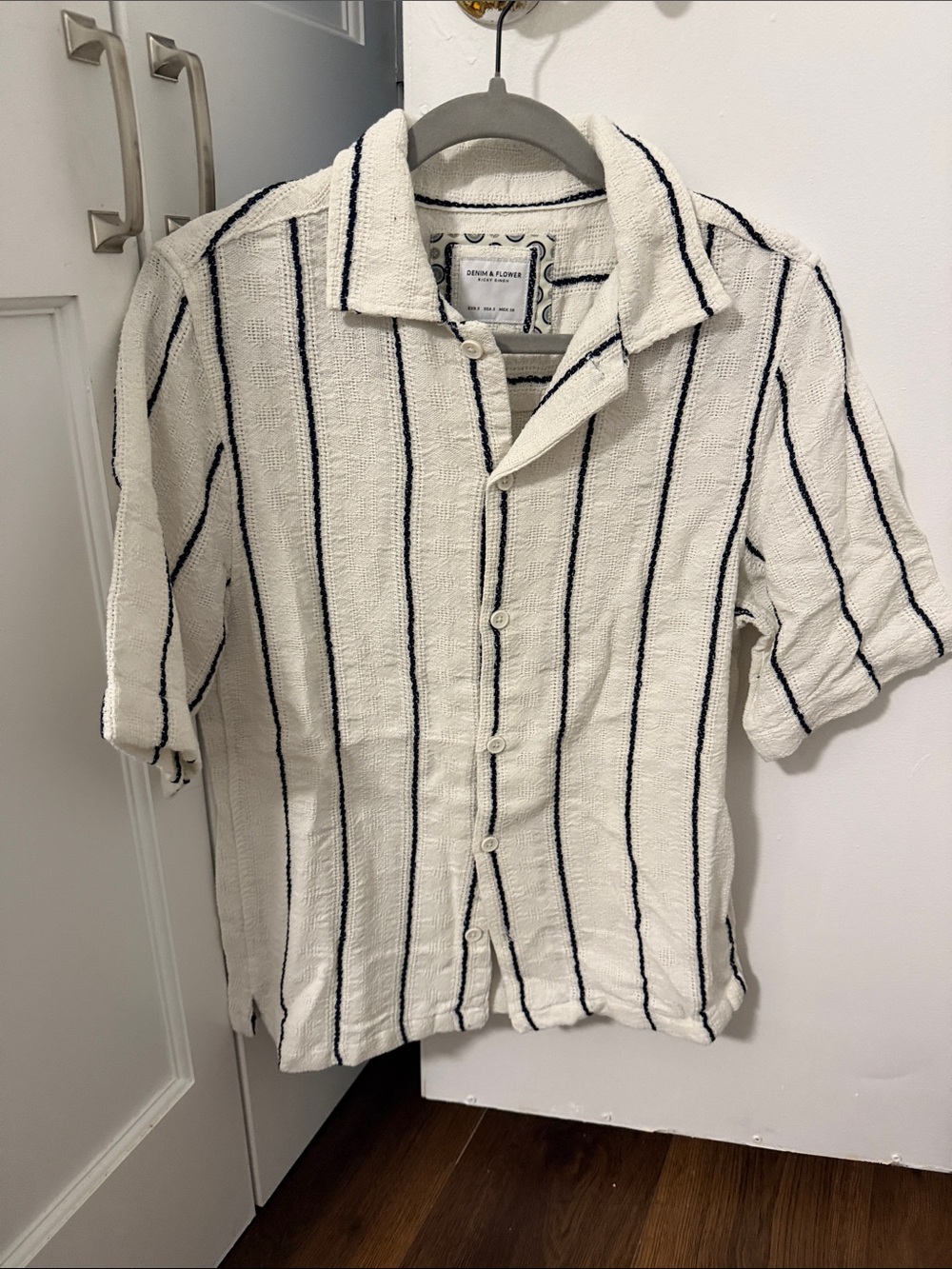 Denim & Flower White Button-Down Shirt with Navy Vertical Stripes